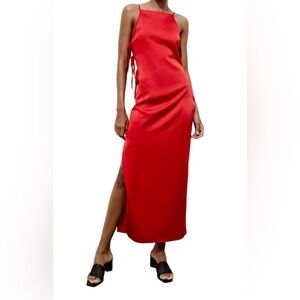 Zara New Womens Red Tied Satin Effect Midi Dress XS Open Back Slit, Lining, Zip